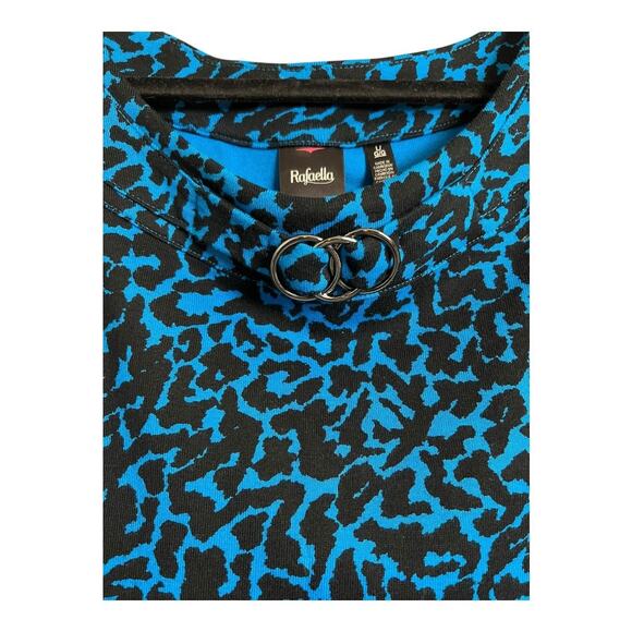 Rafaella Top Women's L Blue Black Animal Print 3/4 Sleeve Scoop Neck Ring Detail - Picture 2 of 7